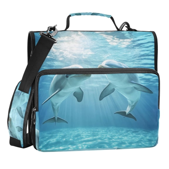 Zipper Binder Dolphins Swimming 1.5 Inch Binder Folder Bag with Shoulder Strap and Handle