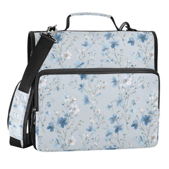 Zipper Binder Flower Blue 1.5 Inch Binder Folder Bag with Shoulder Strap and Handle