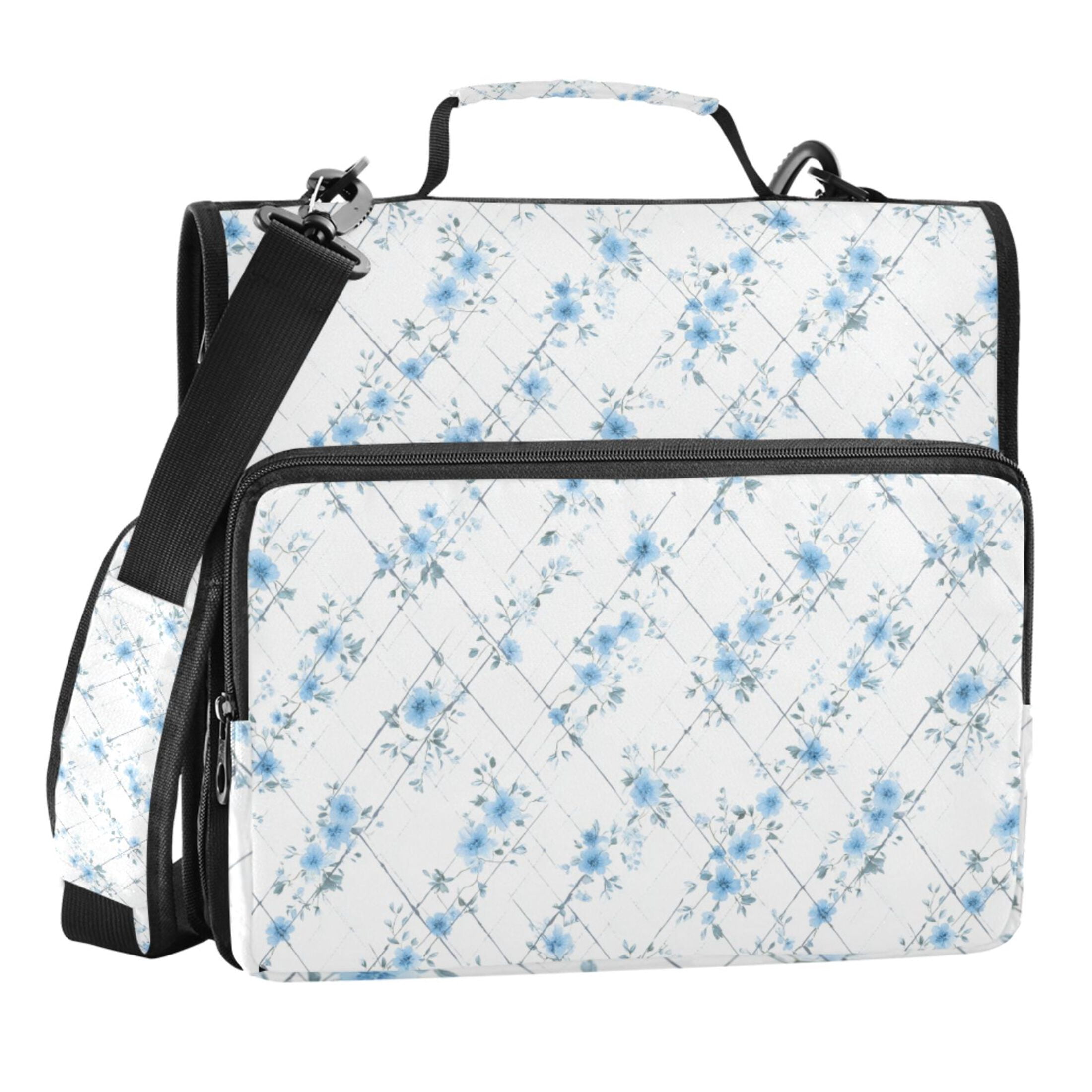 Zipper Binder Flowers Light Blue 1.5 Inch Binder Folder Bag with Shoulder Strap and Handle