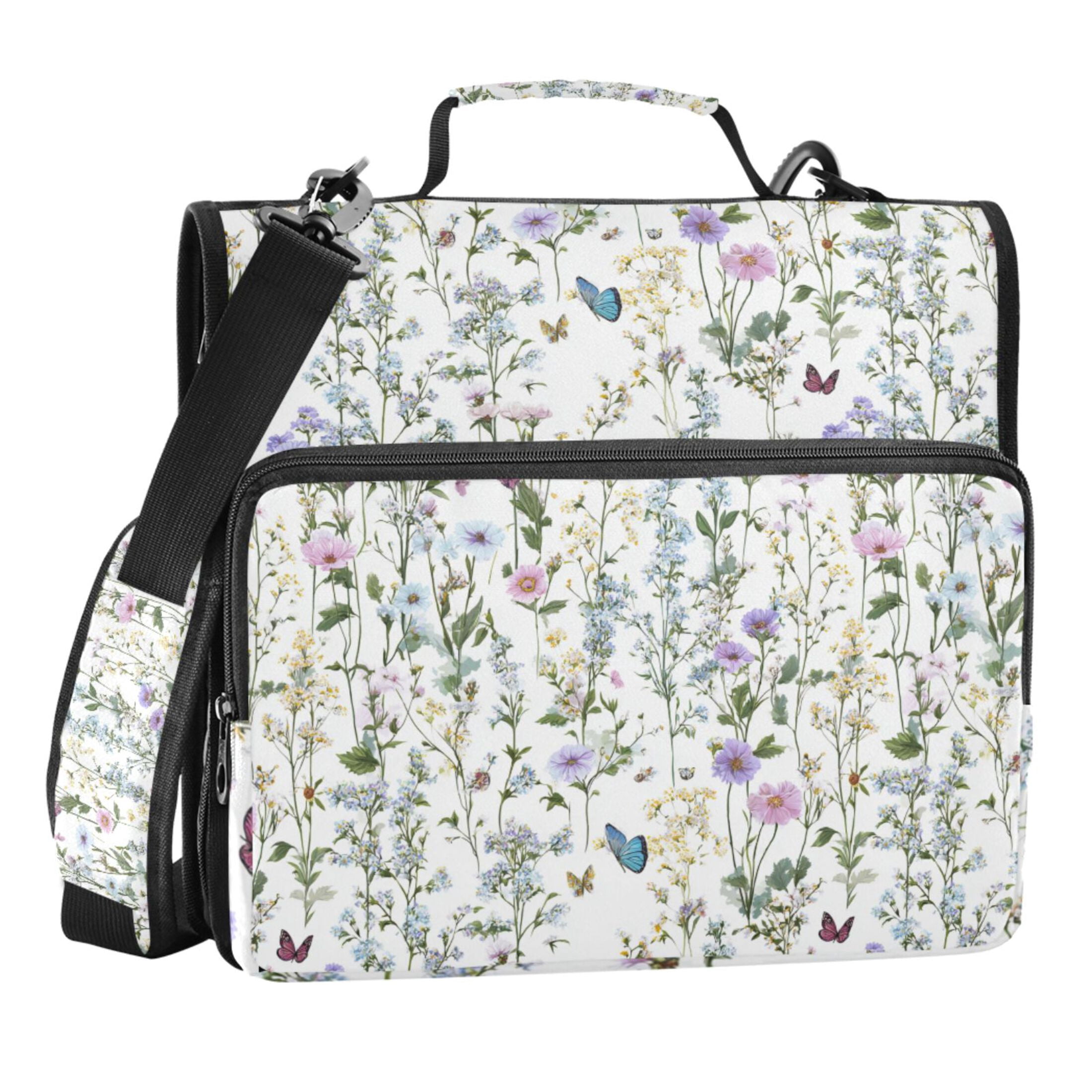 Zipper Binder Flowers and Butterflies 1.5 Inch Binder Folder Bag with Shoulder Strap and Handle