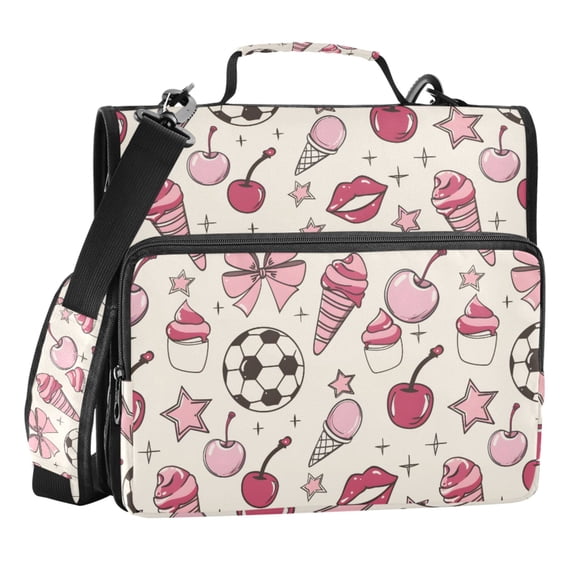 Zipper Binder Football Ice Cream Bow Cherry Lips Stars Pattern 1.5 Inch Binder Folder Bag with Shoulder Strap and Handle