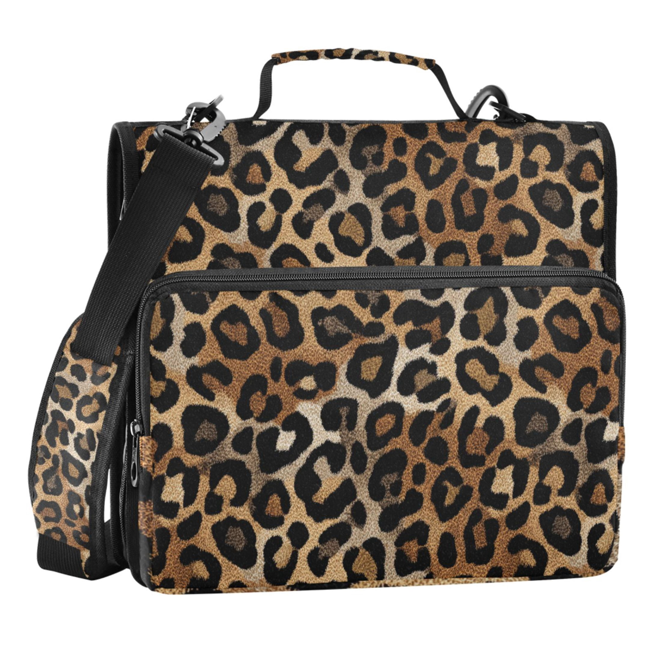 Zipper Binder Leopard Brown and Black 1.5 Inch Binder Folder Bag with Shoulder Strap and Handle