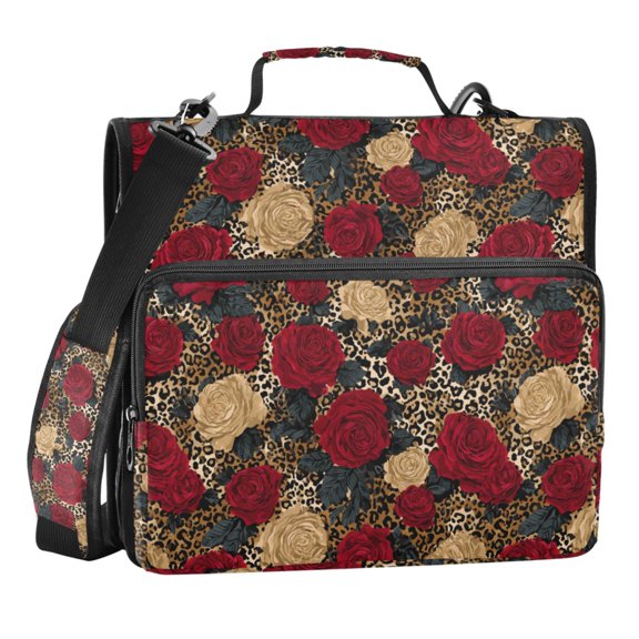 Zipper Binder Leopard Print and Roses 1.5 Inch Binder Folder Bag with Shoulder Strap and Handle