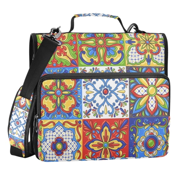 Zipper Binder Mexican Talavera Tile 1.5 Inch Binder Folder Bag with Shoulder Strap and Handle