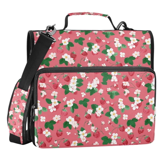 Zipper Binder Mint Leaves and Strawberries 1.5 Inch Binder Folder Bag with Shoulder Strap and Handle