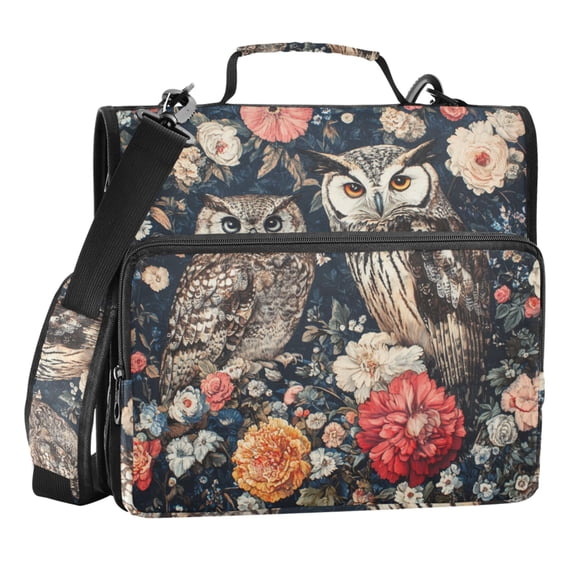Zipper Binder Owl Flower 1.5 Inch Binder Folder Bag with Shoulder Strap and Handle