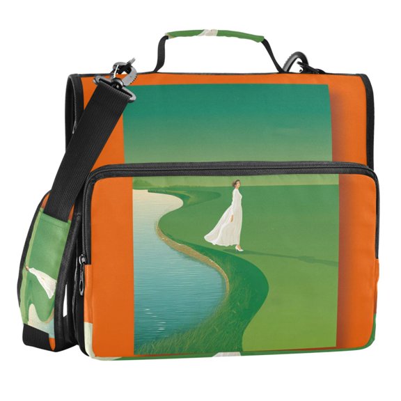 Zipper Binder Petite Model Stands on Green Grass 1.5 Inch Binder Folder Bag with Shoulder Strap and Handle