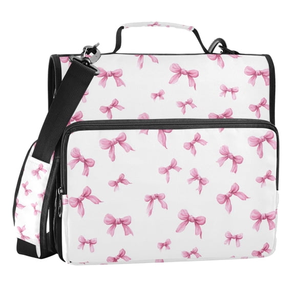 Zipper Binder Pink Bow 1.5 Inch Binder Folder Bag with Shoulder Strap and Handle
