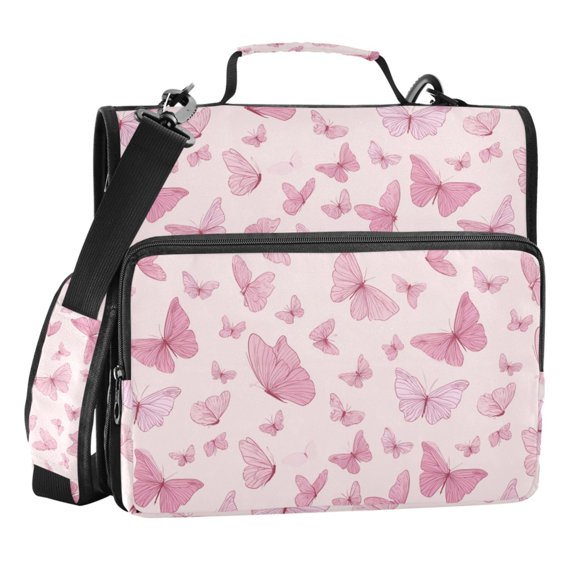 Zipper Binder Pink Butterfly 1.5 Inch Binder Folder Bag with Shoulder Strap and Handle