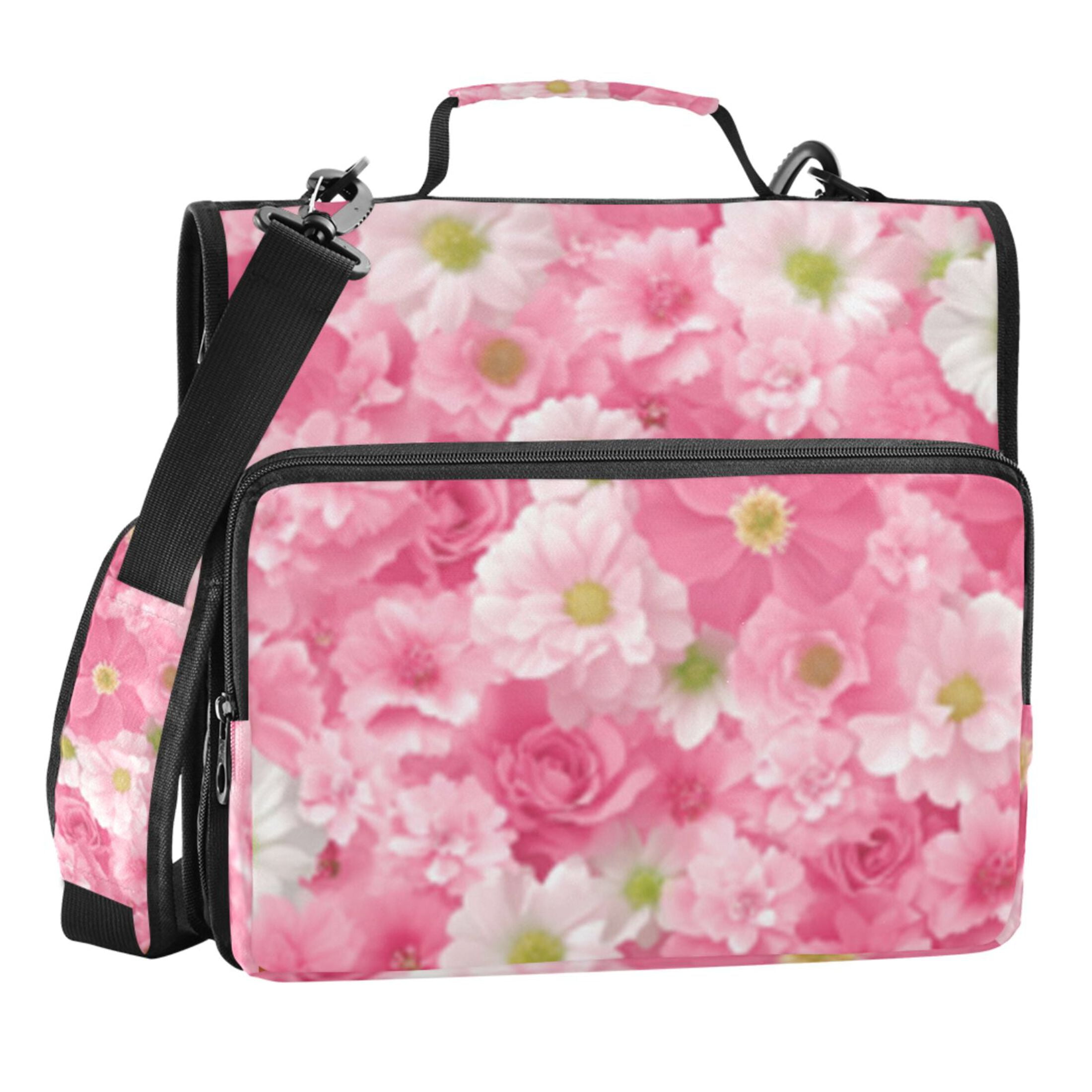Zipper Binder Pink Floral Cluster 1.5 Inch Binder Folder Bag with Shoulder Strap and Handle