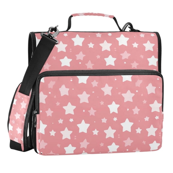 Zipper Binder Pink Stars 1.5 Inch Binder Folder Bag with Shoulder Strap and Handle