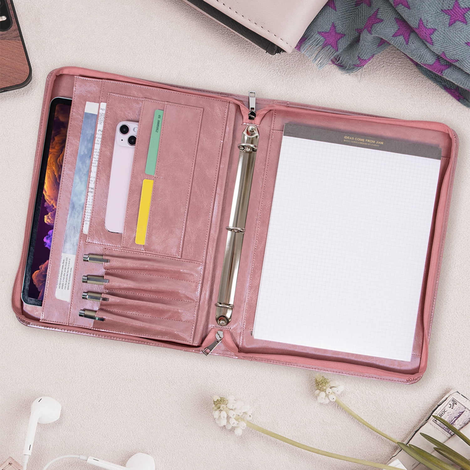 Zipper Binder Portfolio for Women, 3 Ring Binders 1 inch, PU Leather Padfolio Folder, Business Portfolio Organizer with A4 Legal Pads, Thin Leather Professional Binder, Gift for Her, Rosegold