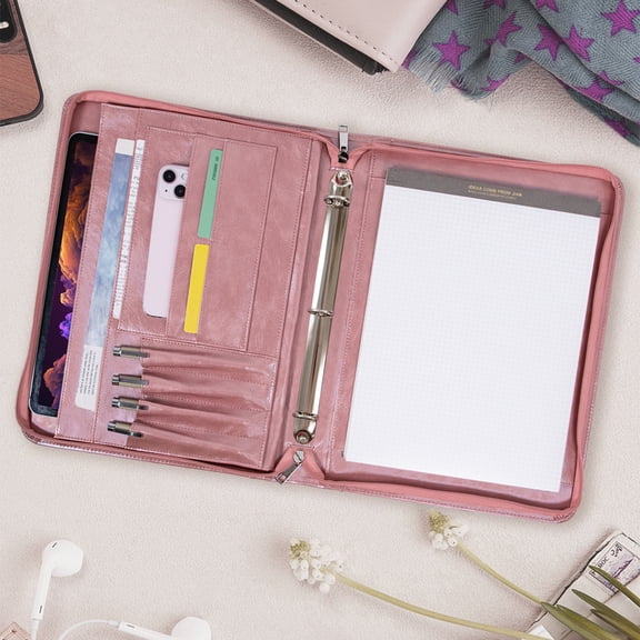 Zipper Binder Portfolio for Women, 3 Ring Binders 1 inch, PU Leather Padfolio Folder, Business Portfolio Organizer with A4 Legal Pads, Thin Leather Professional Binder, Gift for Her, Rosegold