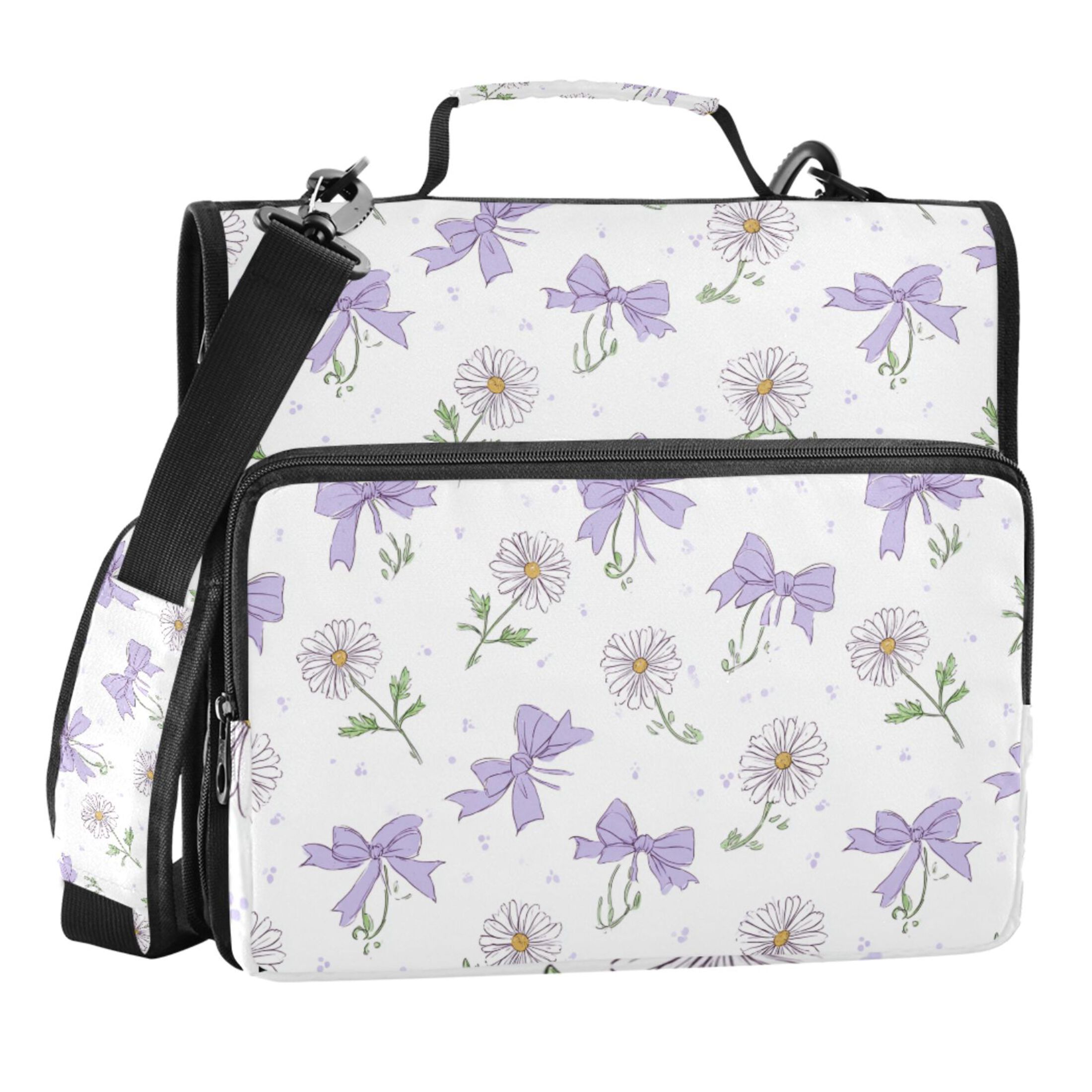 Zipper Binder Purple Bows and White Daisy 1.5 Inch Binder Folder Bag with Shoulder Strap and Handle