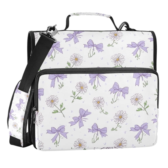Zipper Binder Purple Bows and White Daisy 1.5 Inch Binder Folder Bag with Shoulder Strap and Handle