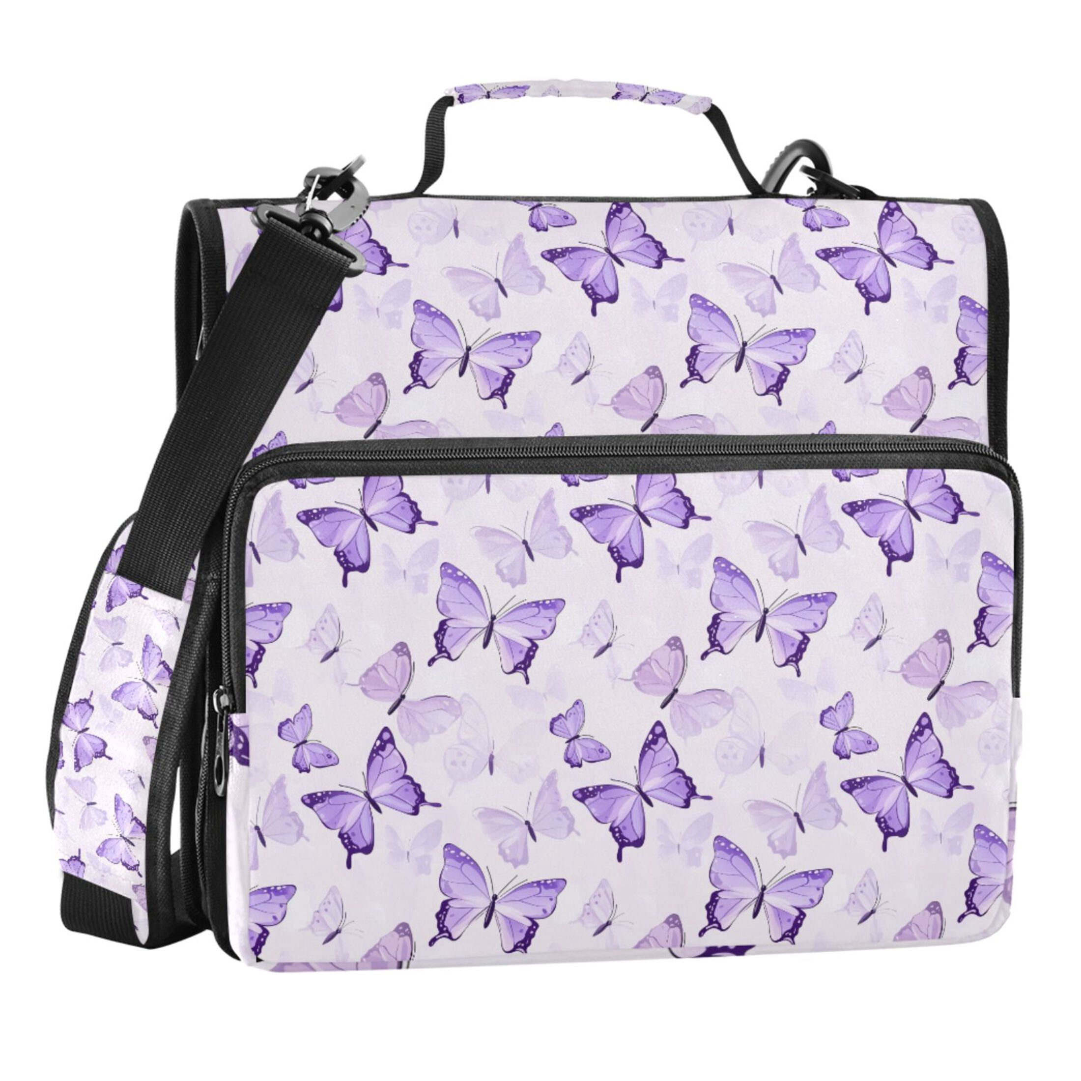 Zipper Binder Purple Butterflies 1.5 Inch Binder Folder Bag with Shoulder Strap and Handle