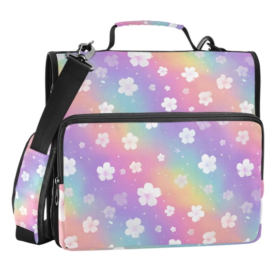 Zipper Binder Rainbow Glitter Flower 1.5 Inch Binder Folder Bag with Shoulder Strap and Handle