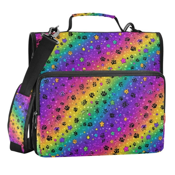 Zipper Binder Rainbow Paw Print Stars 1.5 Inch Binder Folder Bag with Shoulder Strap and Handle