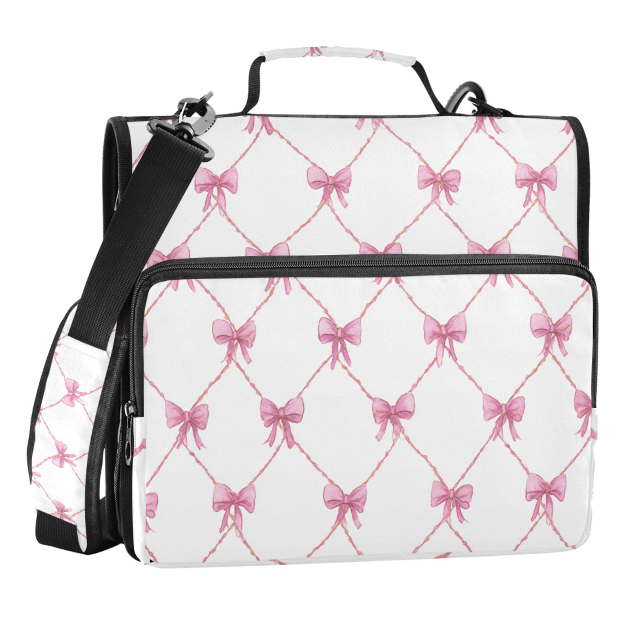 Zipper Binder Ribbon Bow Lattice 1.5 Inch Binder Folder Bag with Shoulder Strap and Handle