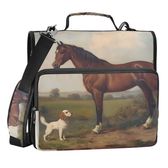 Zipper Binder Rustic Horse and Dog 1.5 Inch Binder Folder Bag with Shoulder Strap and Handle