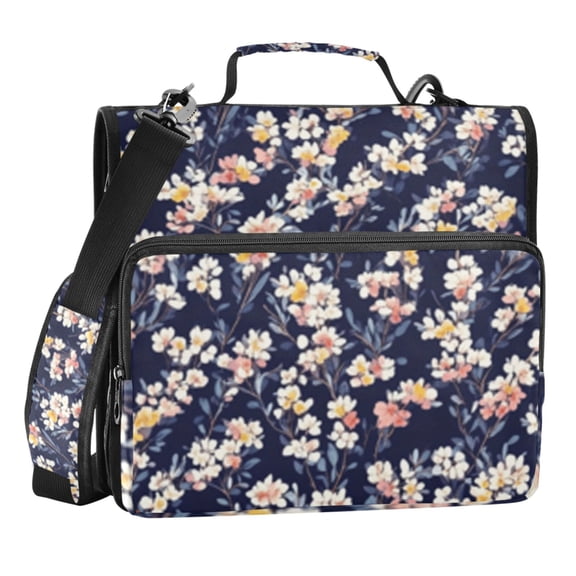 Zipper Binder Small Flower on Navy Blue Background 1.5 Inch Binder Folder Bag with Shoulder Strap and Handle