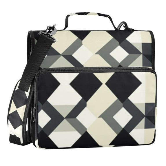 Zipper Binder Squares and Diamond Patterns 1.5 Inch Binder Folder Bag with Shoulder Strap and Handle