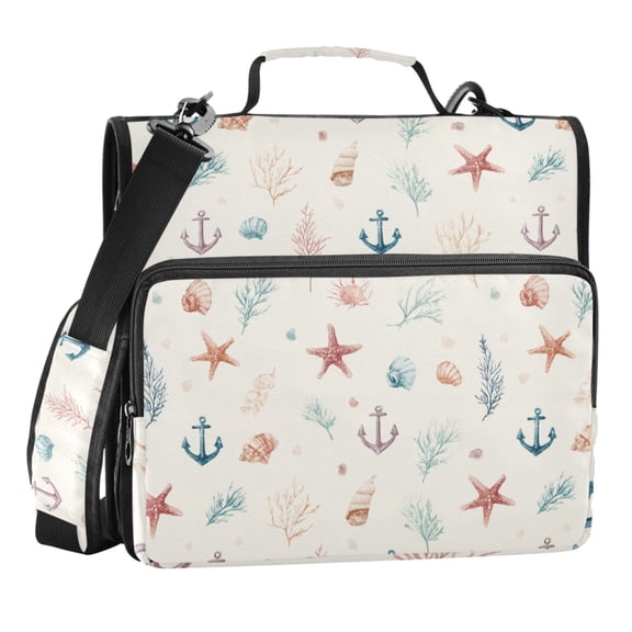 Zipper Binder Starfish Shell Anchor 1.5 Inch Binder Folder Bag with Shoulder Strap and Handle