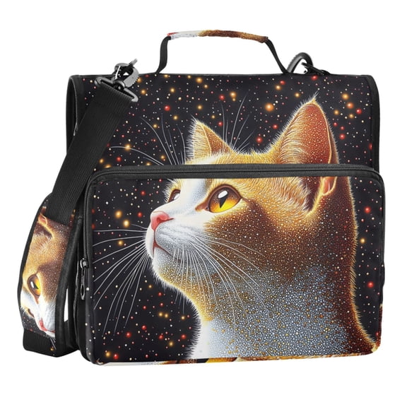 Zipper Binder Starry Background Cat 1.5 Inch Binder Folder Bag with Shoulder Strap and Handle