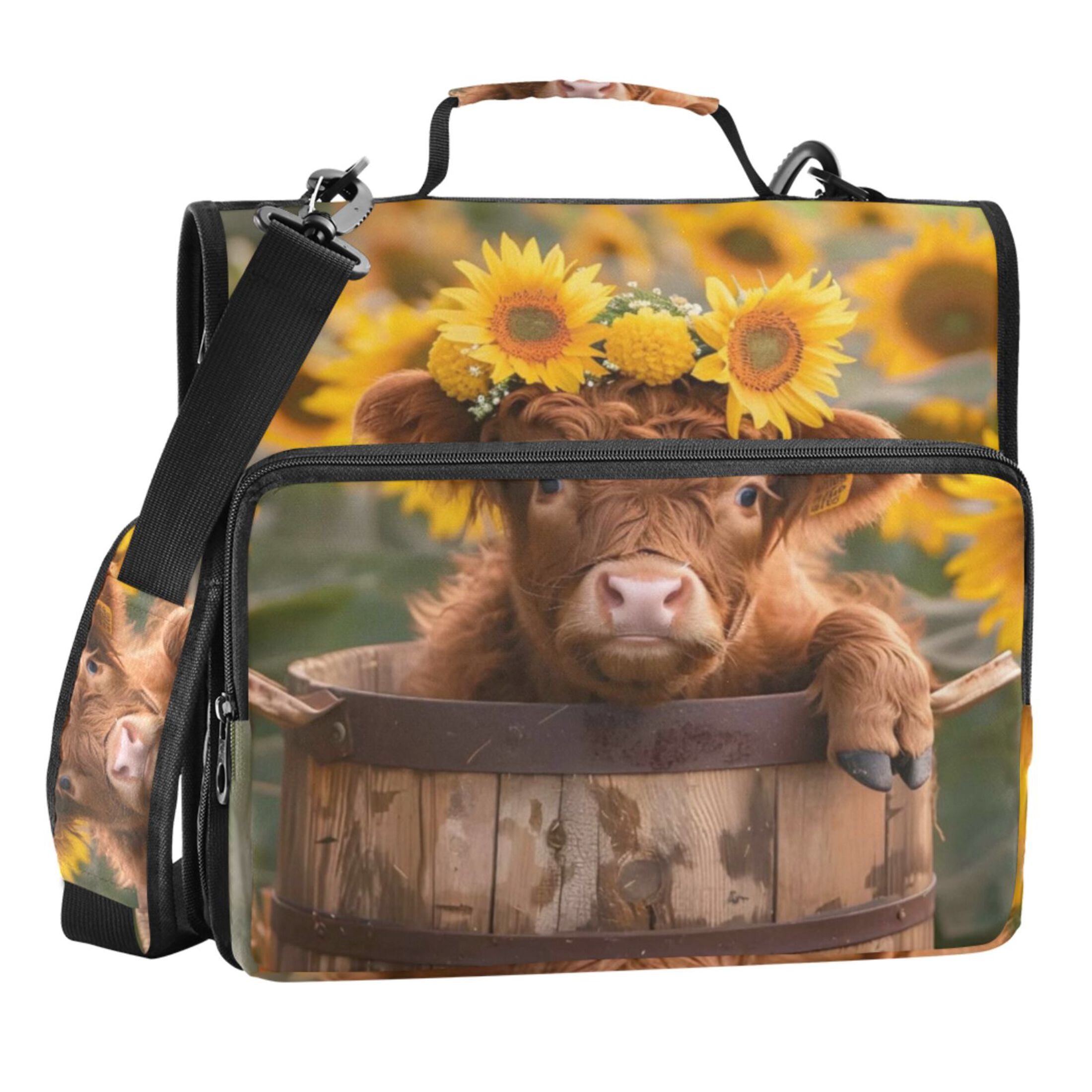 Zipper Binder Sunflower Cute Highland Cow 1.5 Inch Binder Folder Bag with Shoulder Strap and Handle