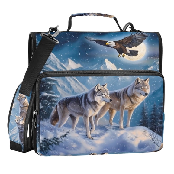 Zipper Binder Two Wolves Snow Eagle 1.5 Inch Binder Folder Bag with Shoulder Strap and Handle