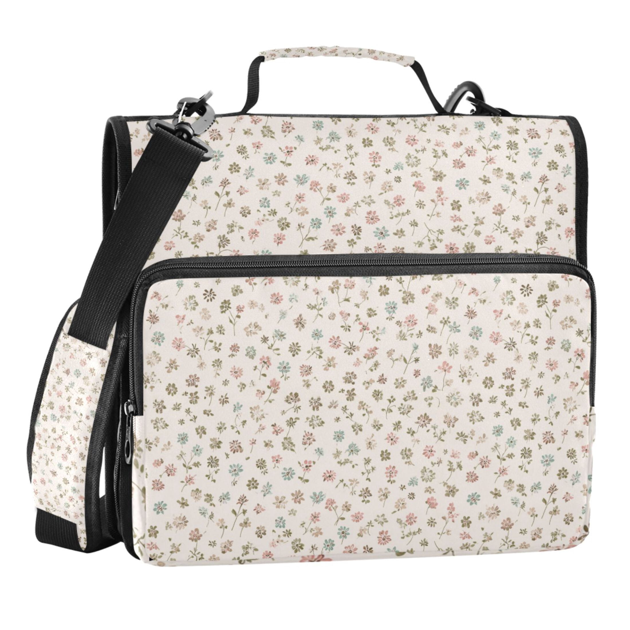 Zipper Binder Vintage Floral Pastel Tones 1.5 Inch Binder Folder Bag with Shoulder Strap and Handle