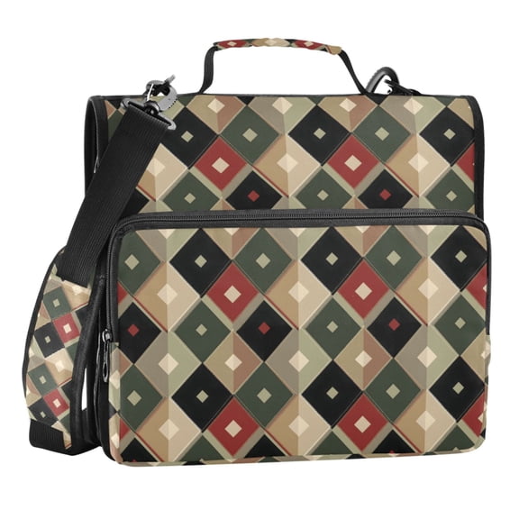 Zipper Binder Vintage Red Black Green Argyle Pattern 1.5 Inch Binder Folder Bag with Shoulder Strap and Handle