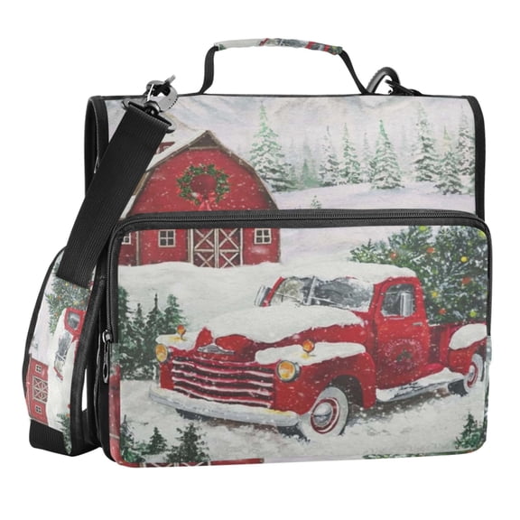 Zipper Binder Winter Red Truck 1.5 Inch Binder Folder Bag with Shoulder Strap and Handle