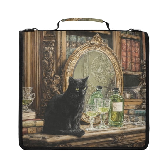 Zipper Binder with Shoulder Strap 2 inch 3 Ring Waterproof File Folder Organizer Bag 500 Sheet Black Cat with Green Eyes