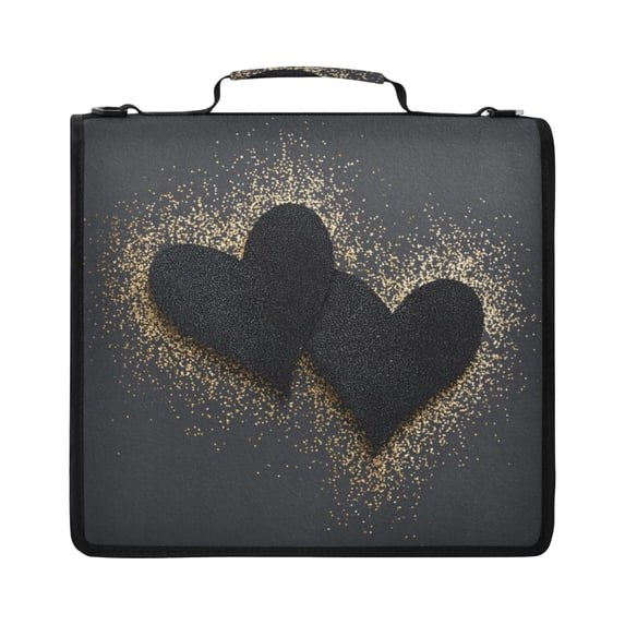 Zipper Binder with Shoulder Strap 2 inch 3 Ring Waterproof File Folder Organizer Bag 500 Sheet Black Hearts with Gold Glitter