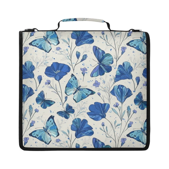 Zipper Binder with Shoulder Strap 2 inch 3 Ring Waterproof File Folder Organizer Bag 500 Sheet Blue Butterfly and Flower