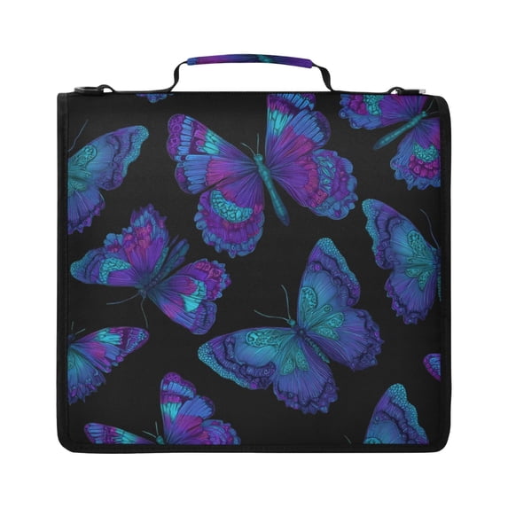 Zipper Binder with Shoulder Strap 2 inch 3 Ring Waterproof File Folder Organizer Bag 500 Sheet Blue Butterfly in Illustration Style