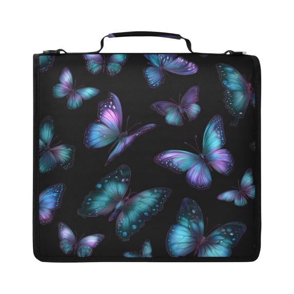 Zipper Binder with Shoulder Strap 2 inch 3 Ring Waterproof File Folder Organizer Bag 500 Sheet Blue-purple and Cyan Butterflies