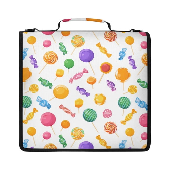Zipper Binder with Shoulder Strap 2 inch 3 Ring Waterproof File Folder Organizer Bag 500 Sheet Cartoon Candy Pattern