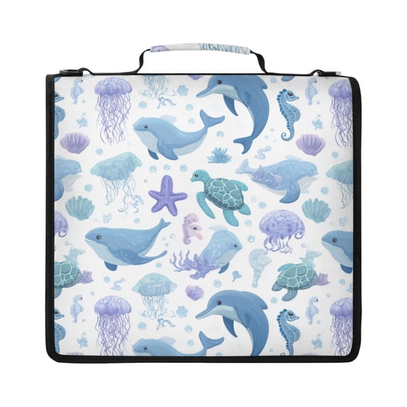Zipper Binder with Shoulder Strap 2 inch 3 Ring Waterproof File Folder Organizer Bag 500 Sheet Cartoon Sea Animals
