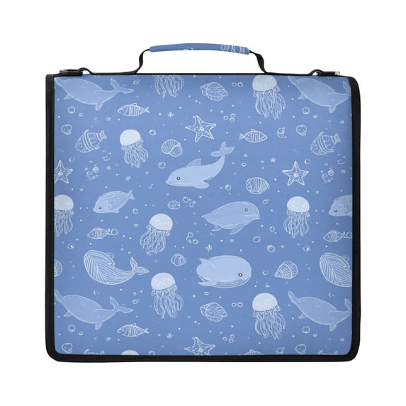 Zipper Binder with Shoulder Strap 2 inch 3 Ring Waterproof File Folder Organizer Bag 500 Sheet Cartoon Sea Creatures Pattern