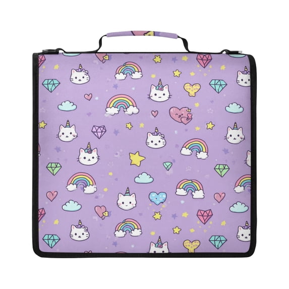 Zipper Binder with Shoulder Strap 2 inch 3 Ring Waterproof File Folder Organizer Bag 500 Sheet Cat Face and Rainbows Pattern
