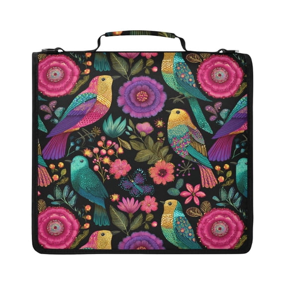 Zipper Binder with Shoulder Strap 2 inch 3 Ring Waterproof File Folder Organizer Bag 500 Sheet Colorful Birds and Flowers