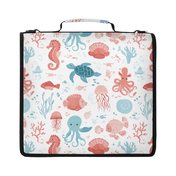 Zipper Binder with Shoulder Strap 2 inch 3 Ring Waterproof File Folder Organizer Bag 500 Sheet Coral Pink Sea Creature