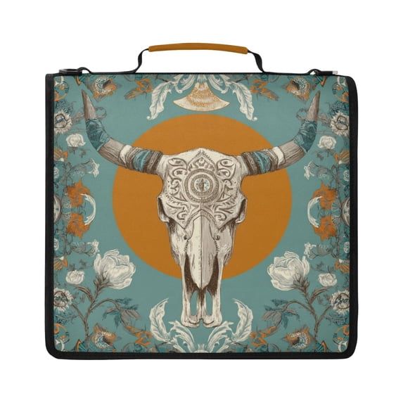 Zipper Binder with Shoulder Strap 2 inch 3 Ring Waterproof File Folder Organizer Bag 500 Sheet Cow Skull and Moon Pattern