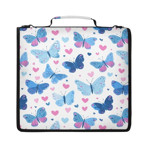 Zipper Binder with Shoulder Strap 2 inch 3 Ring Waterproof File Folder Organizer Bag 500 Sheet Cute Butterflies and Hearts Pattern
