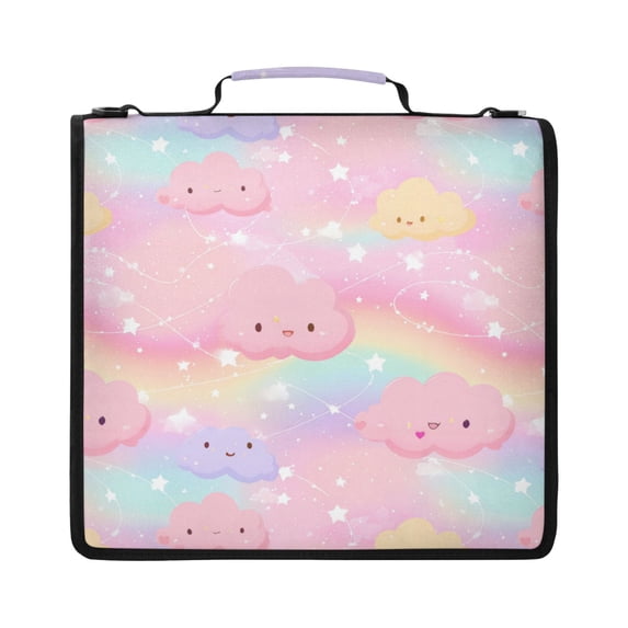 Zipper Binder with Shoulder Strap 2 inch 3 Ring Waterproof File Folder Organizer Bag 500 Sheet Cute Stars and Pink Clouds