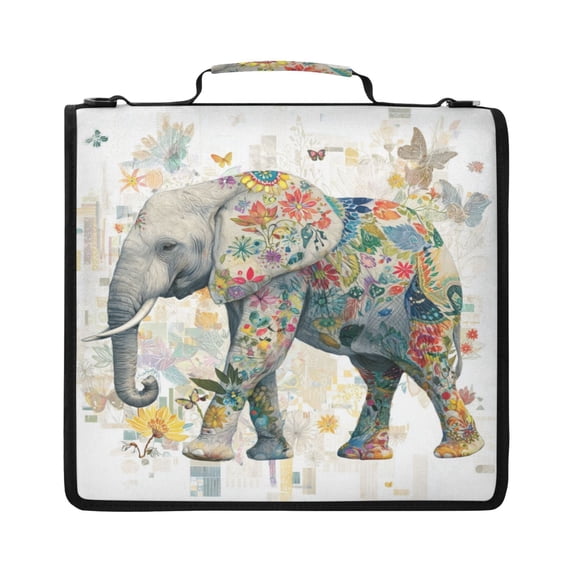 Zipper Binder with Shoulder Strap 2 inch 3 Ring Waterproof File Folder Organizer Bag 500 Sheet Elephant with Colorful Floral