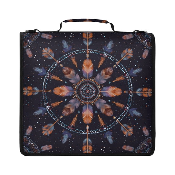 Zipper Binder with Shoulder Strap 2 inch 3 Ring Waterproof File Folder Organizer Bag 500 Sheet Feathers and Beads Pattern