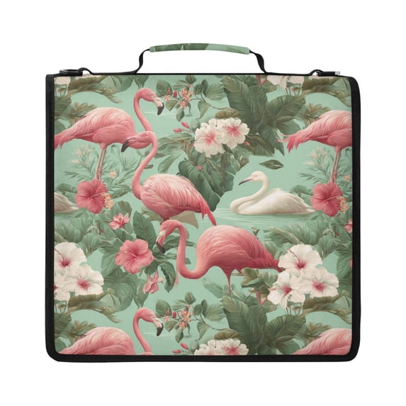 Zipper Binder with Shoulder Strap 2 inch 3 Ring Waterproof File Folder Organizer Bag 500 Sheet Flamingo Tropical Leaves Pattern
